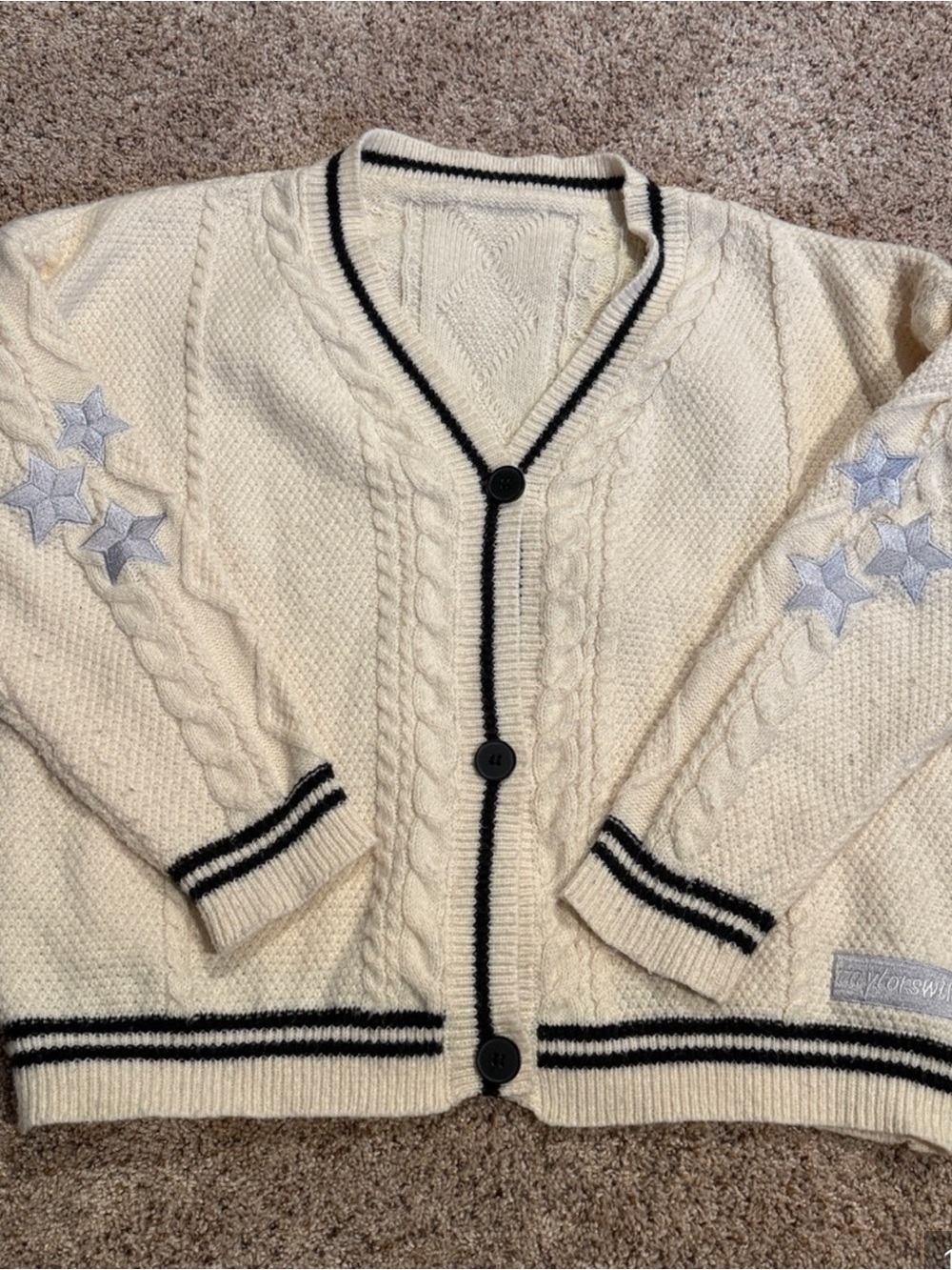 Taylor Swift Cream Cable Knit Cardigan with Black Trim